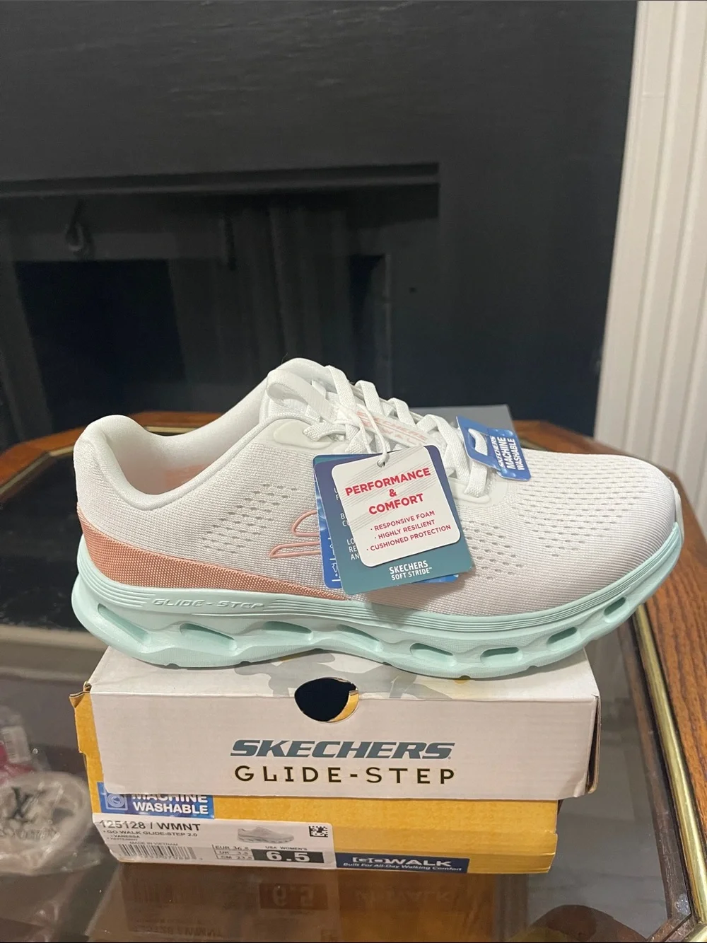 Skechers Women's White Athletic Sneakers with Mint Sole and Peach Accent